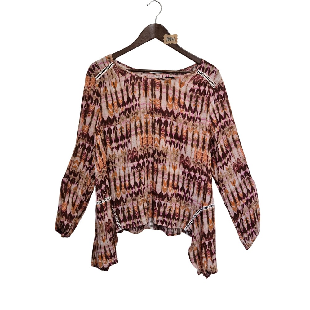 New Directions Petite‎ Pink Orange Ikat Print Ladder Lace Trim Blouse PL Mens